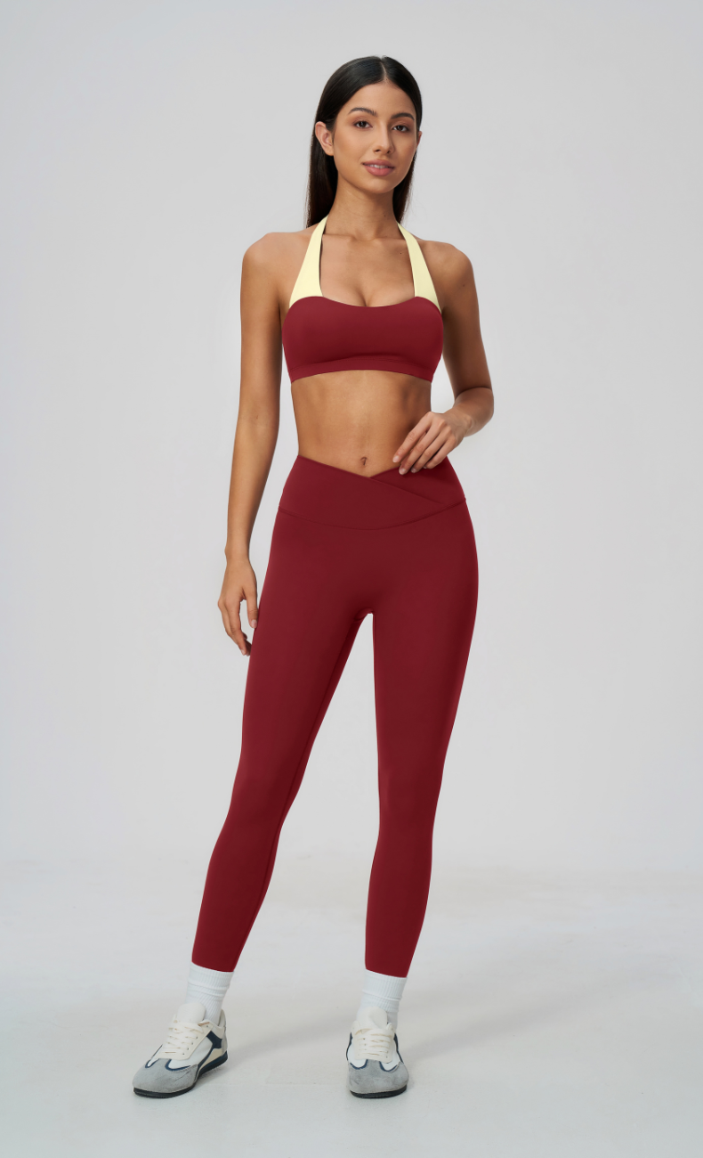 Priscilla Contrast Halter Sports Bra V-Waist Leggings Workout Set