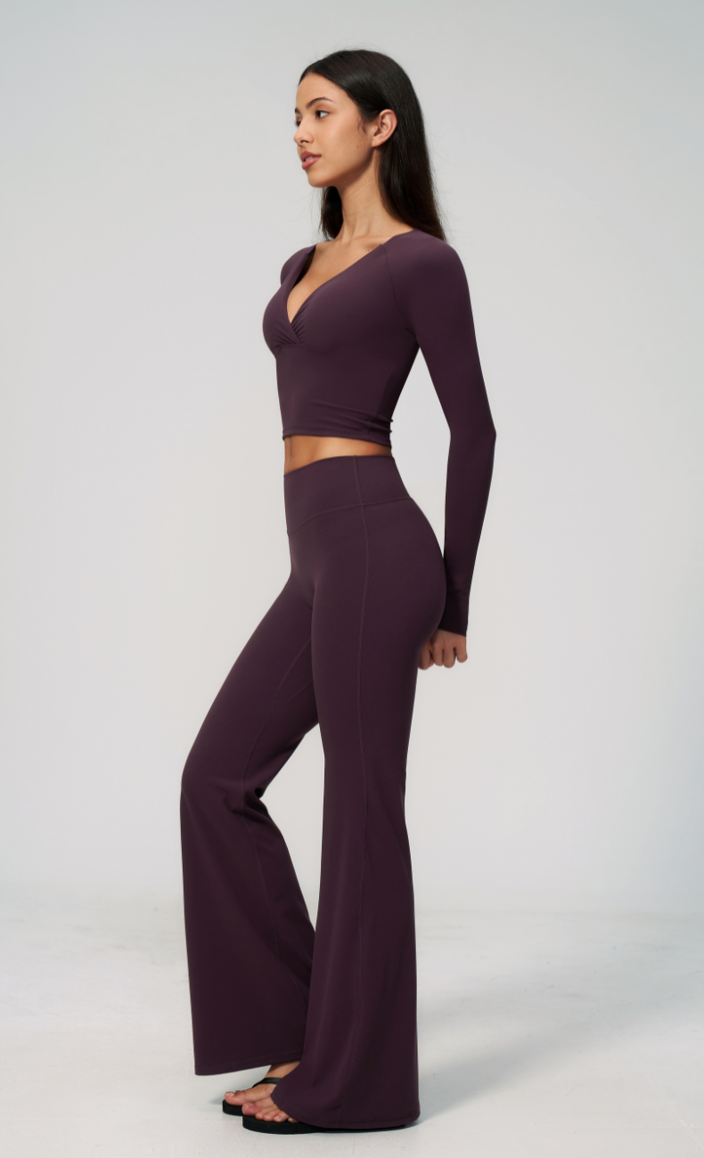 Leah V-Neck Long Sleeve Flare Leggings Workout Set