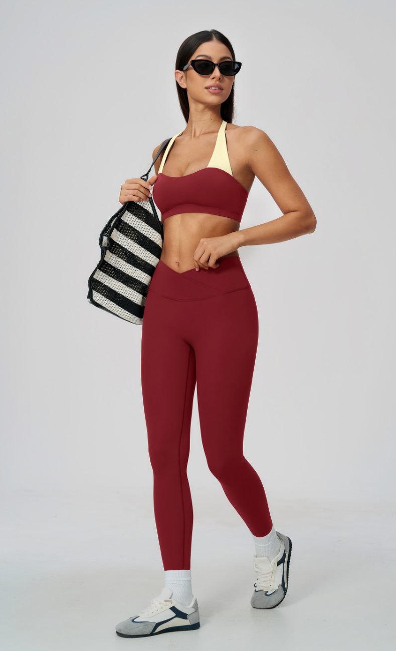 Priscilla Contrast Halter Sports Bra V-Waist Leggings Workout Set
