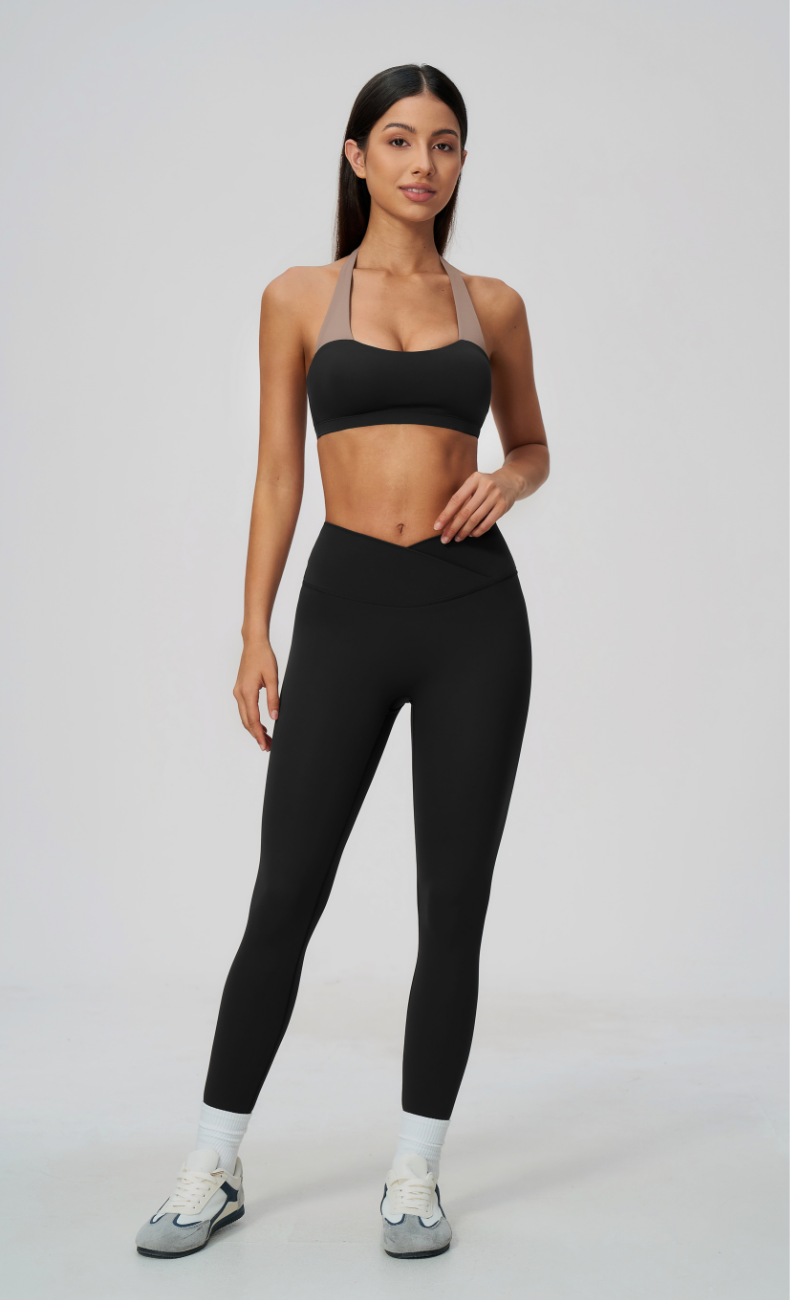 Priscilla Contrast Halter Sports Bra V-Waist Leggings Workout Set