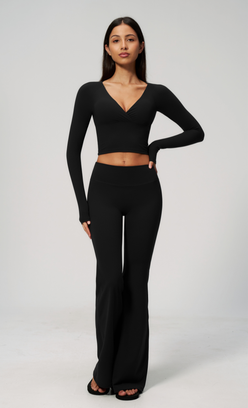 Leah V-Neck Long Sleeve Flare Leggings Workout Set