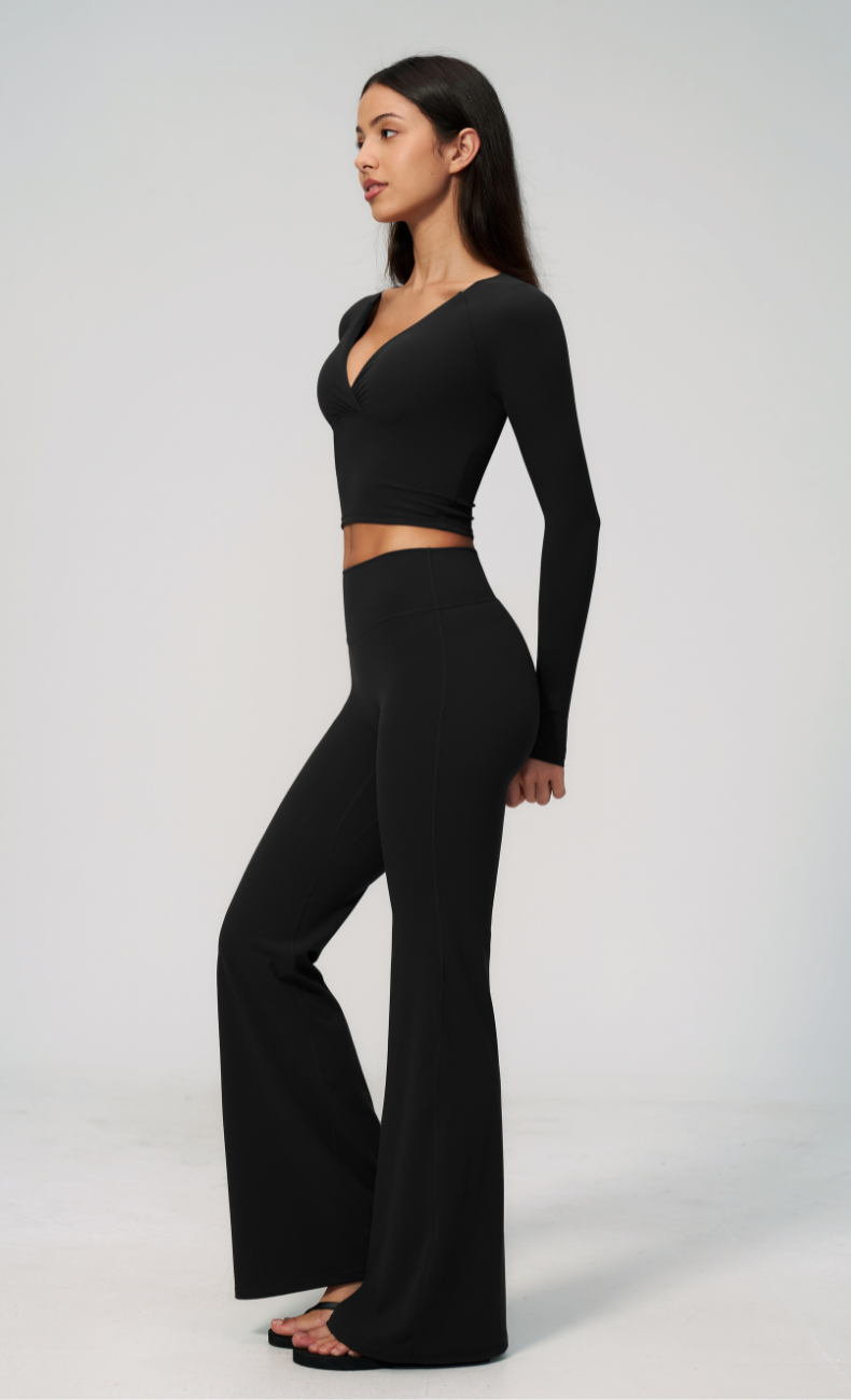 Leah V-Neck Long Sleeve Flare Leggings Workout Set