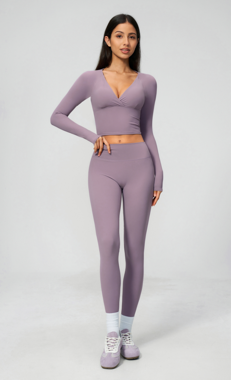 Leah V-Neck Long Sleeve Leggings Workout Set