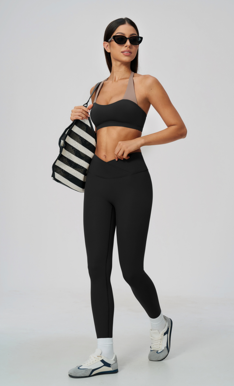 Priscilla Contrast Halter Sports Bra V-Waist Leggings Workout Set