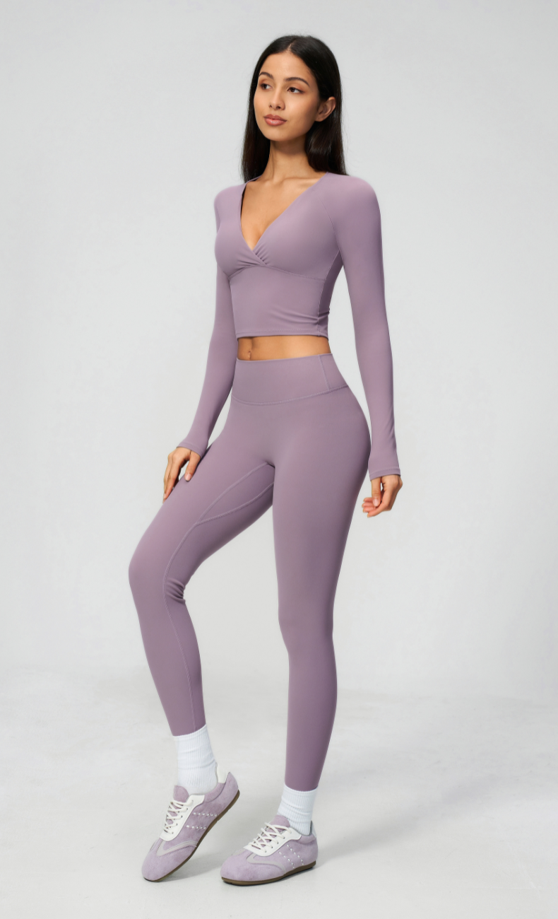 Leah V-Neck Long Sleeve Leggings Workout Set