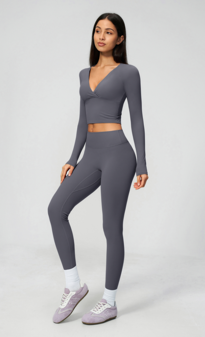 Leah V-Neck Long Sleeve Leggings Workout Set