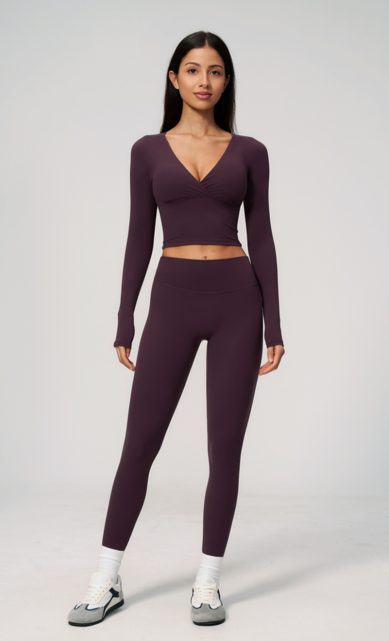 Leah V-Neck Long Sleeve Leggings Workout Set