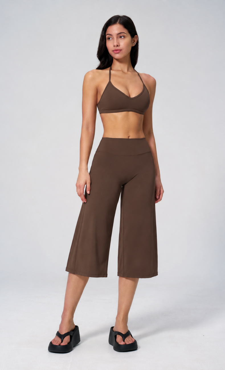 Quinn V-Neck Open Back Halter Wide Leg Capri Workout Set