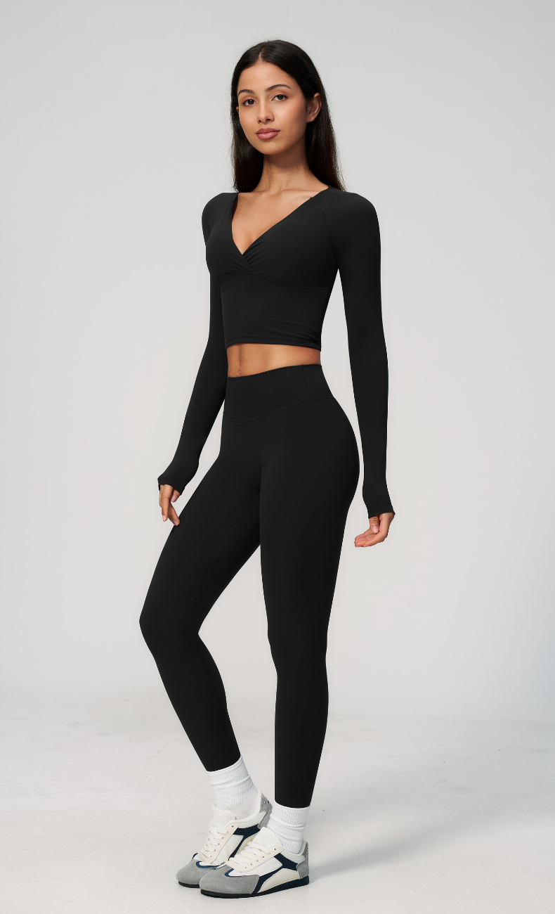 Leah V-Neck Long Sleeve Leggings Workout Set