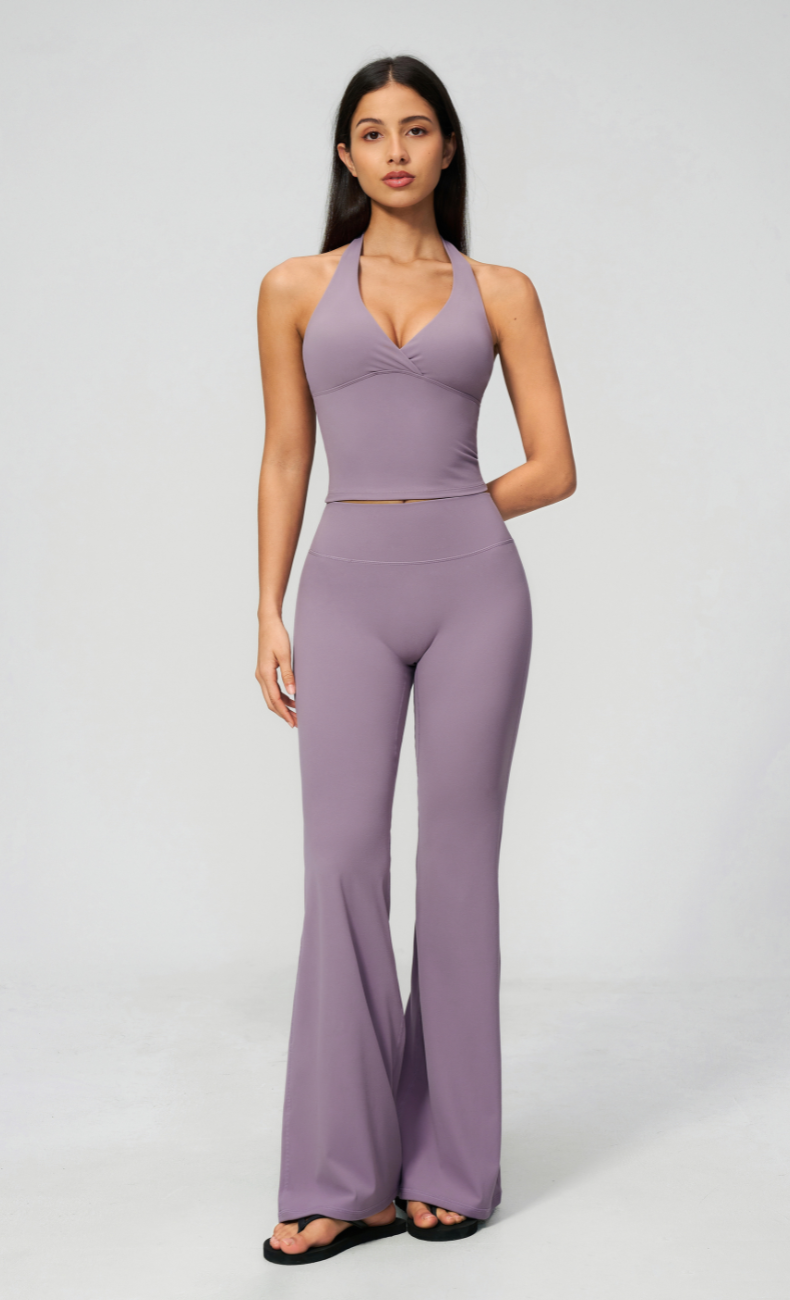 Leah V-Neck Halter Open Back Flare Leggings Workout Set