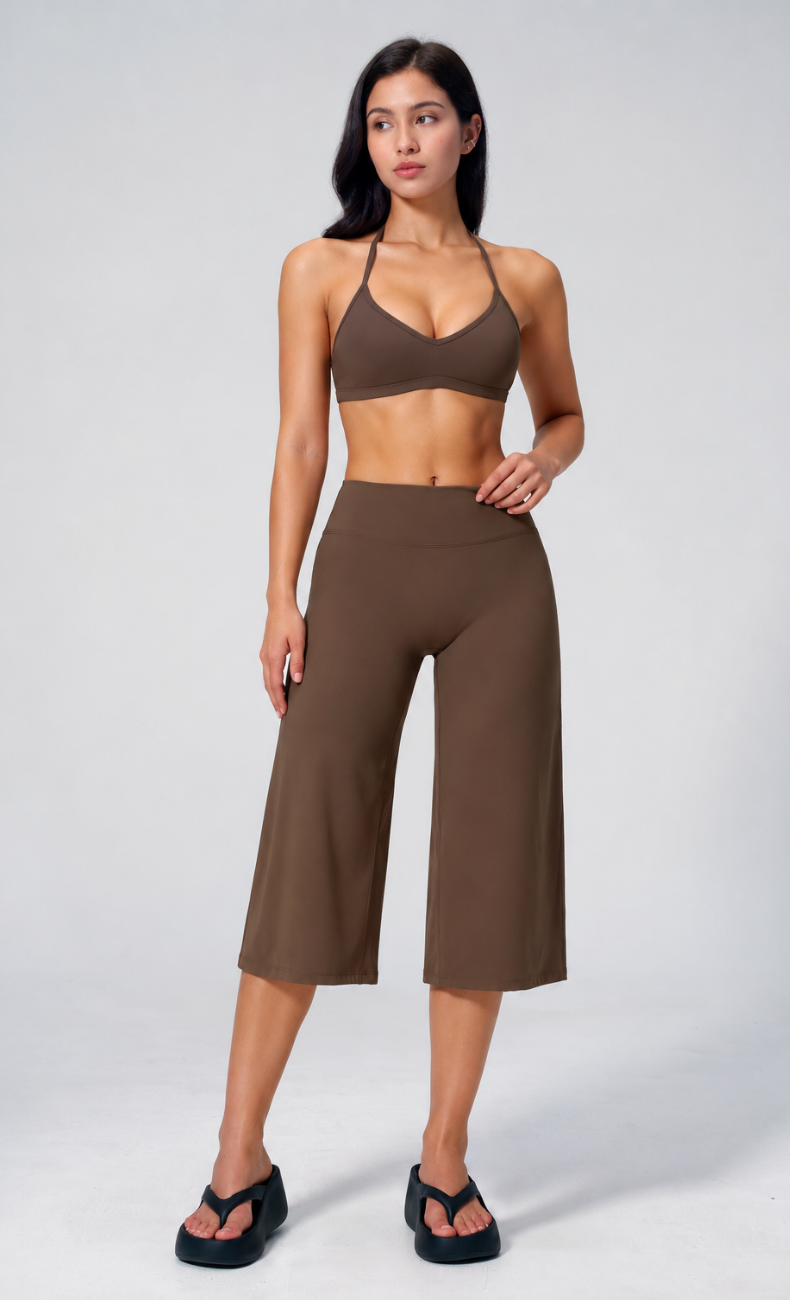 Quinn V-Neck Open Back Halter Wide Leg Capri Workout Set