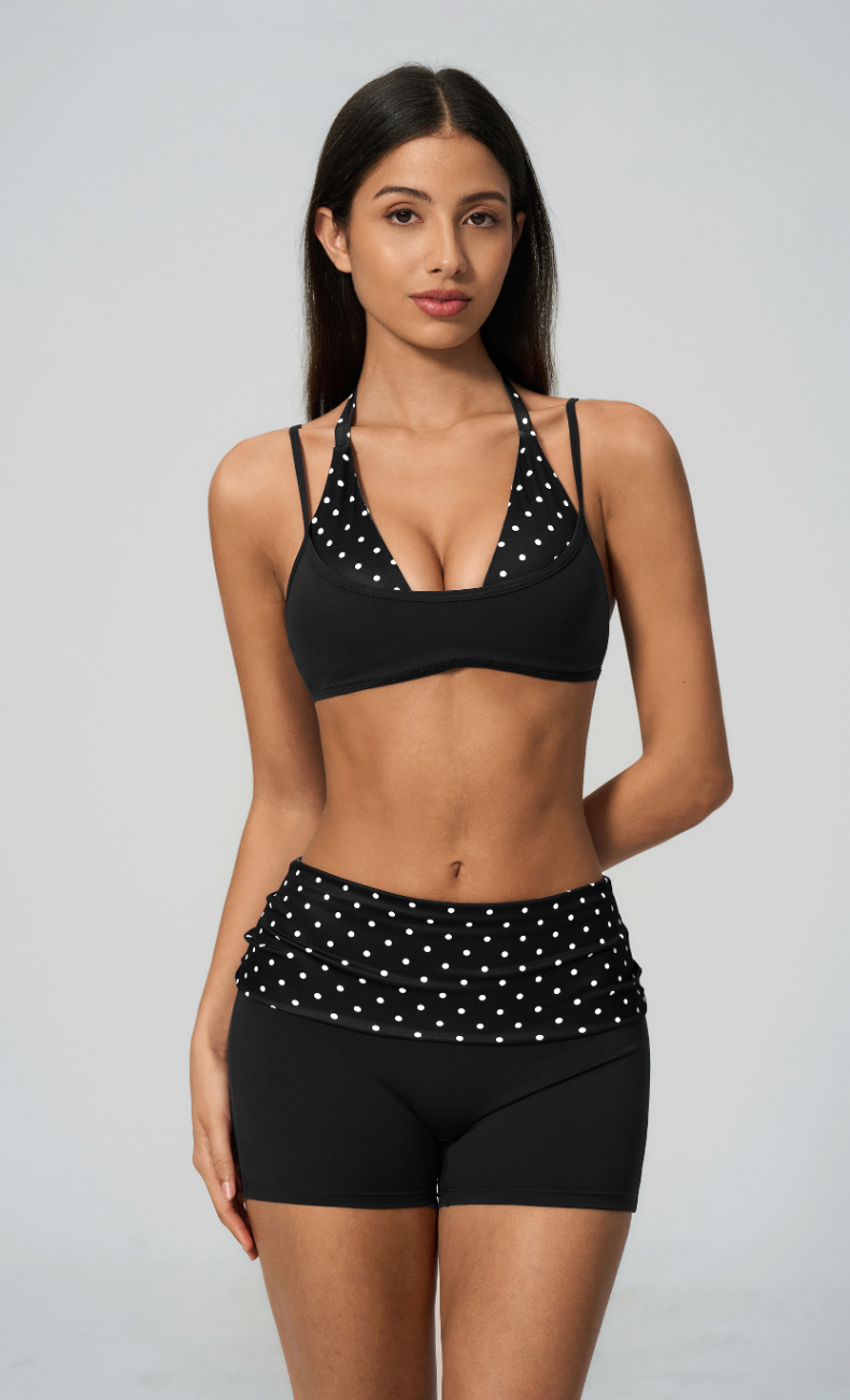 Chloe Polka Dot Layered Halter Sports Bra Shorts Set