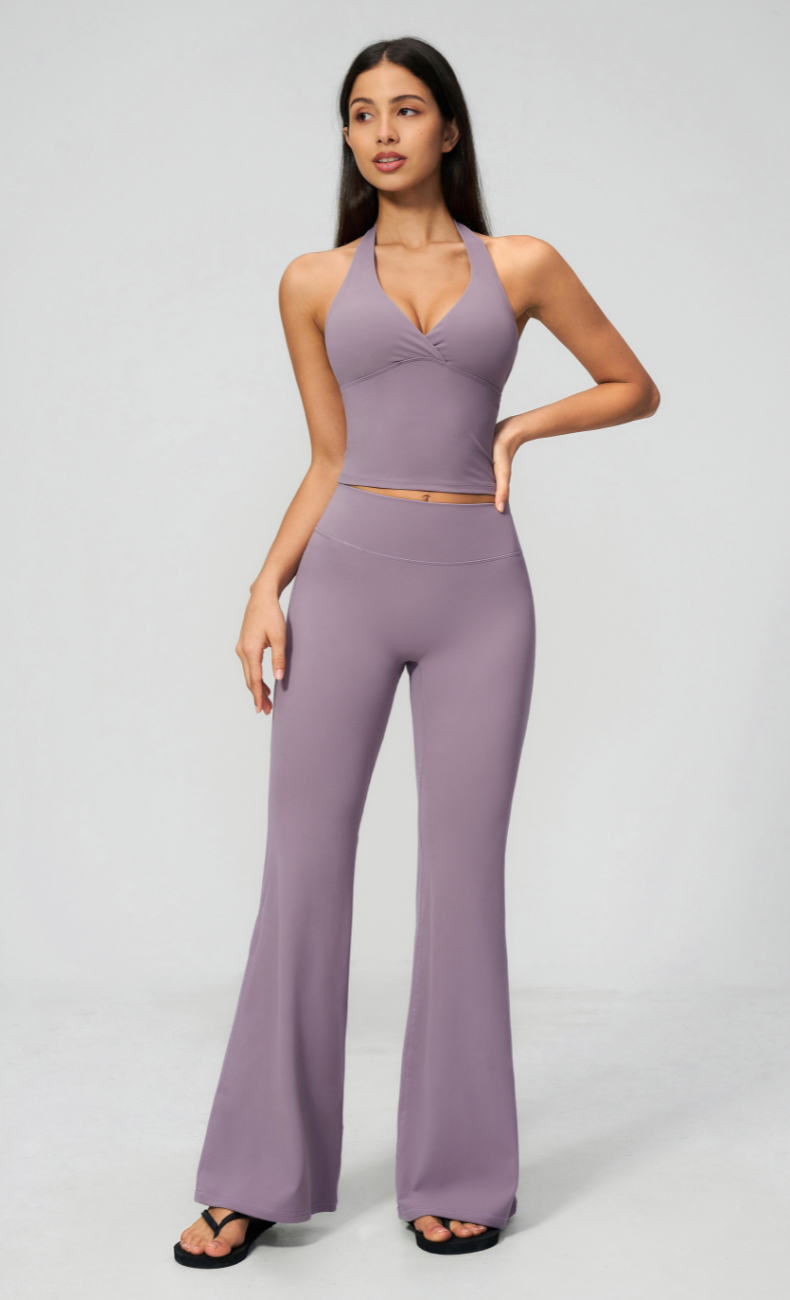 Leah V-Neck Halter Open Back Flare Leggings Workout Set