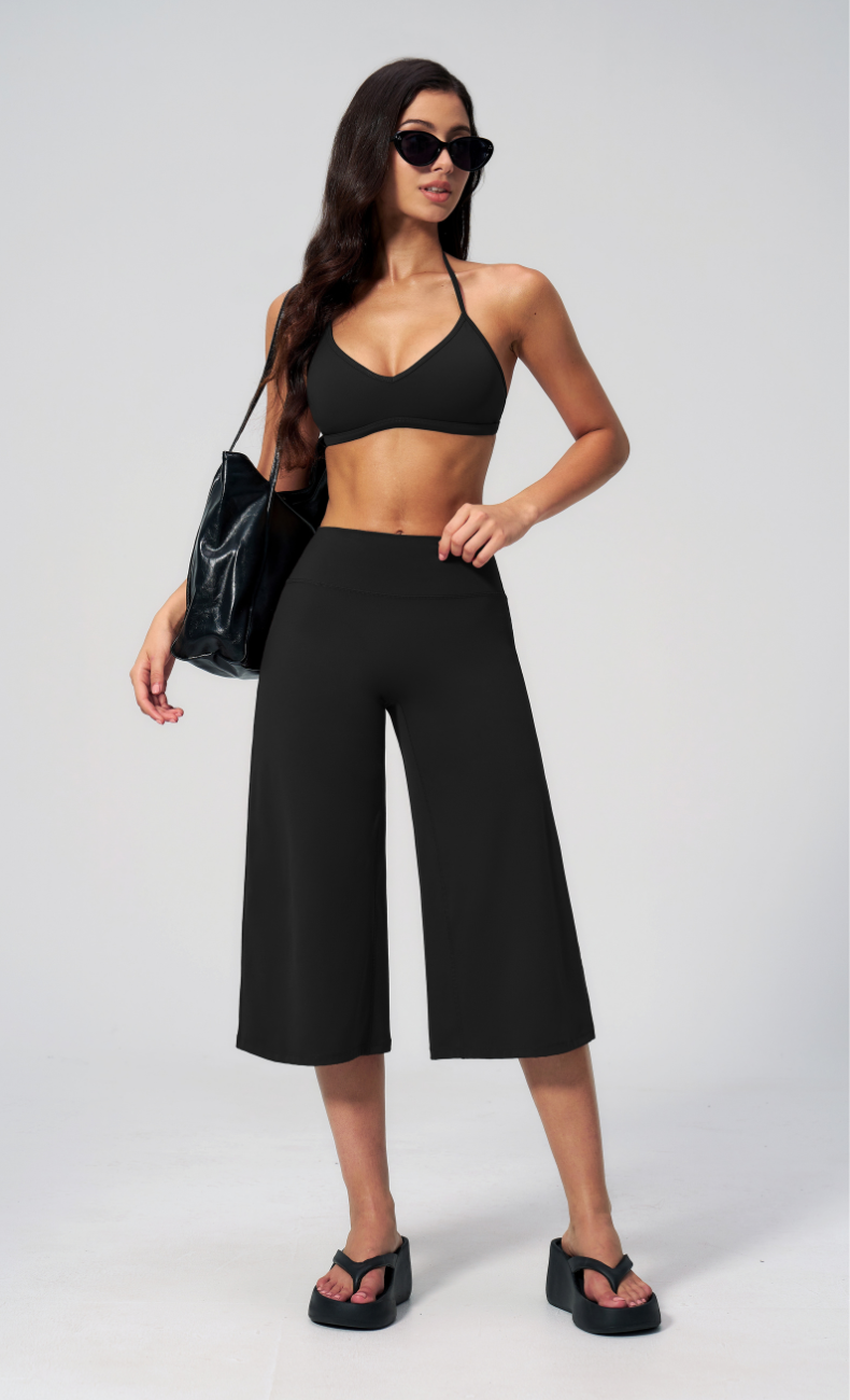 Quinn V-Neck Open Back Halter Wide Leg Capri Workout Set