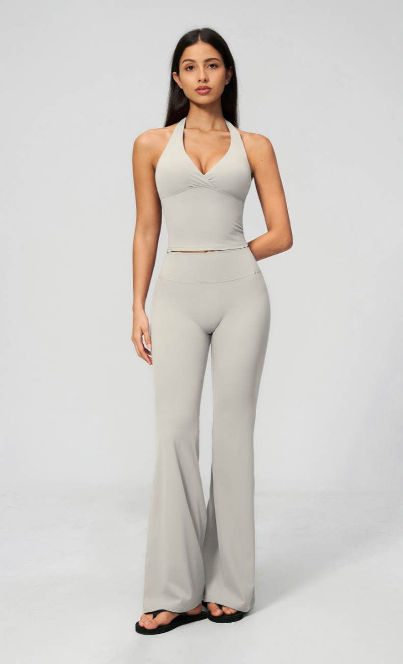 Leah V-Neck Halter Open Back Flare Leggings Workout Set