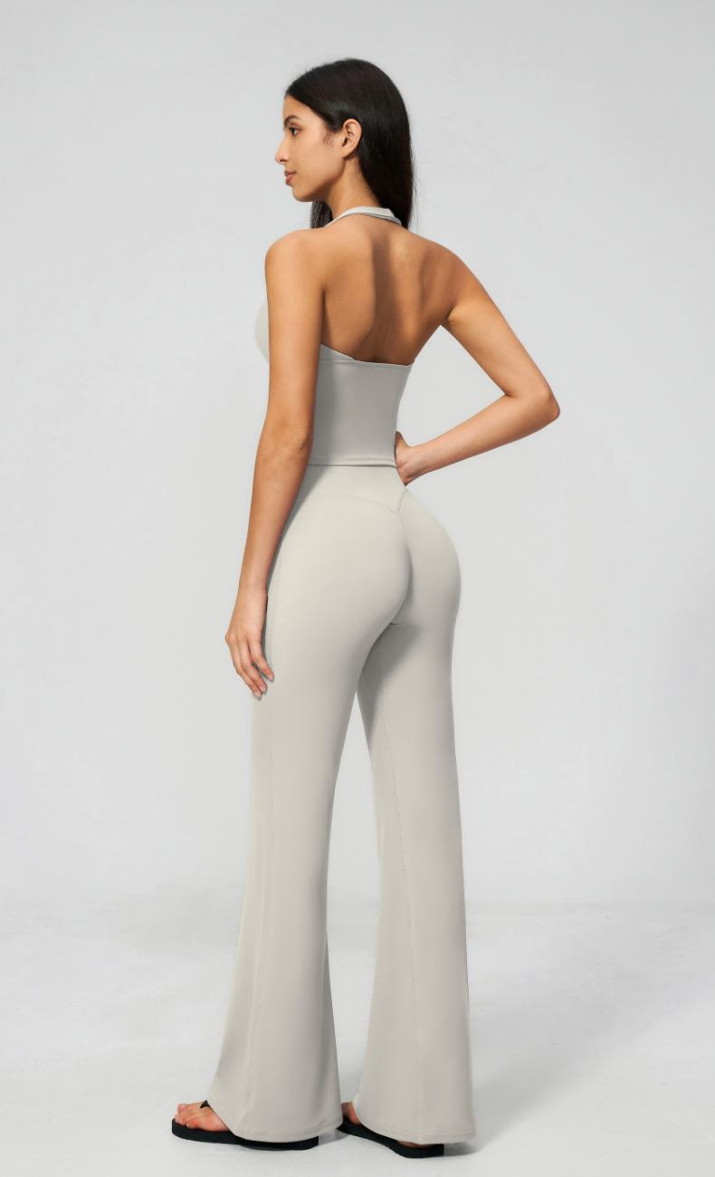 Leah V-Neck Halter Open Back Flare Leggings Workout Set