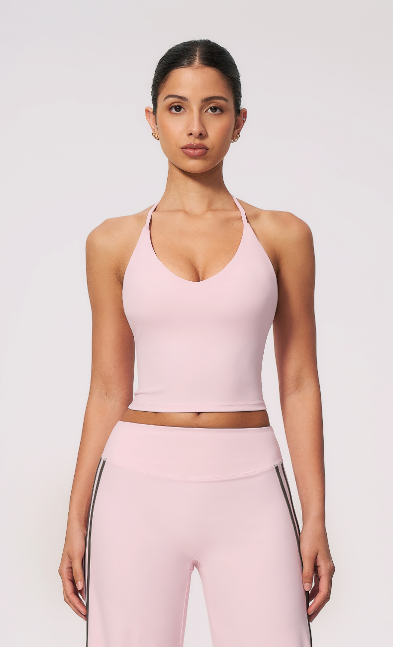 Camille V-Neck Halter Open Back Built-In Bra Tank Top