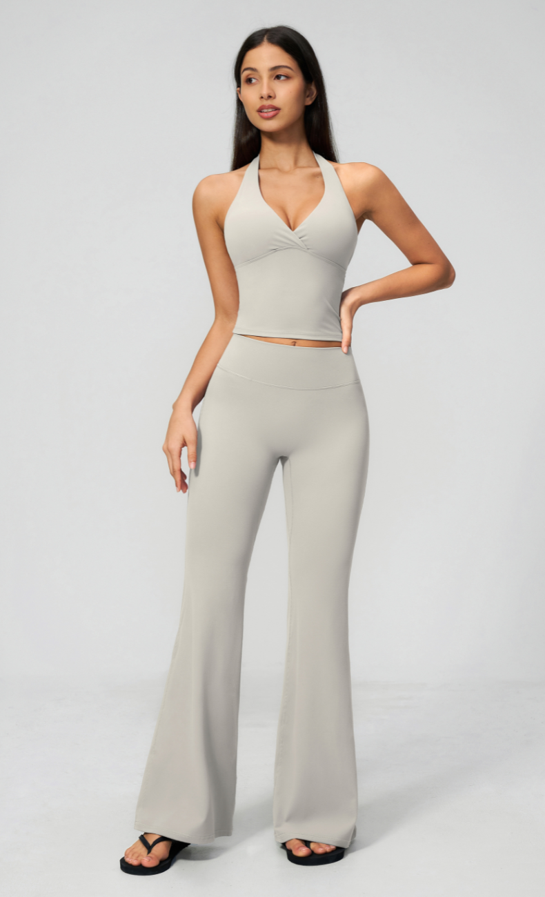 Leah V-Neck Halter Open Back Flare Leggings Workout Set