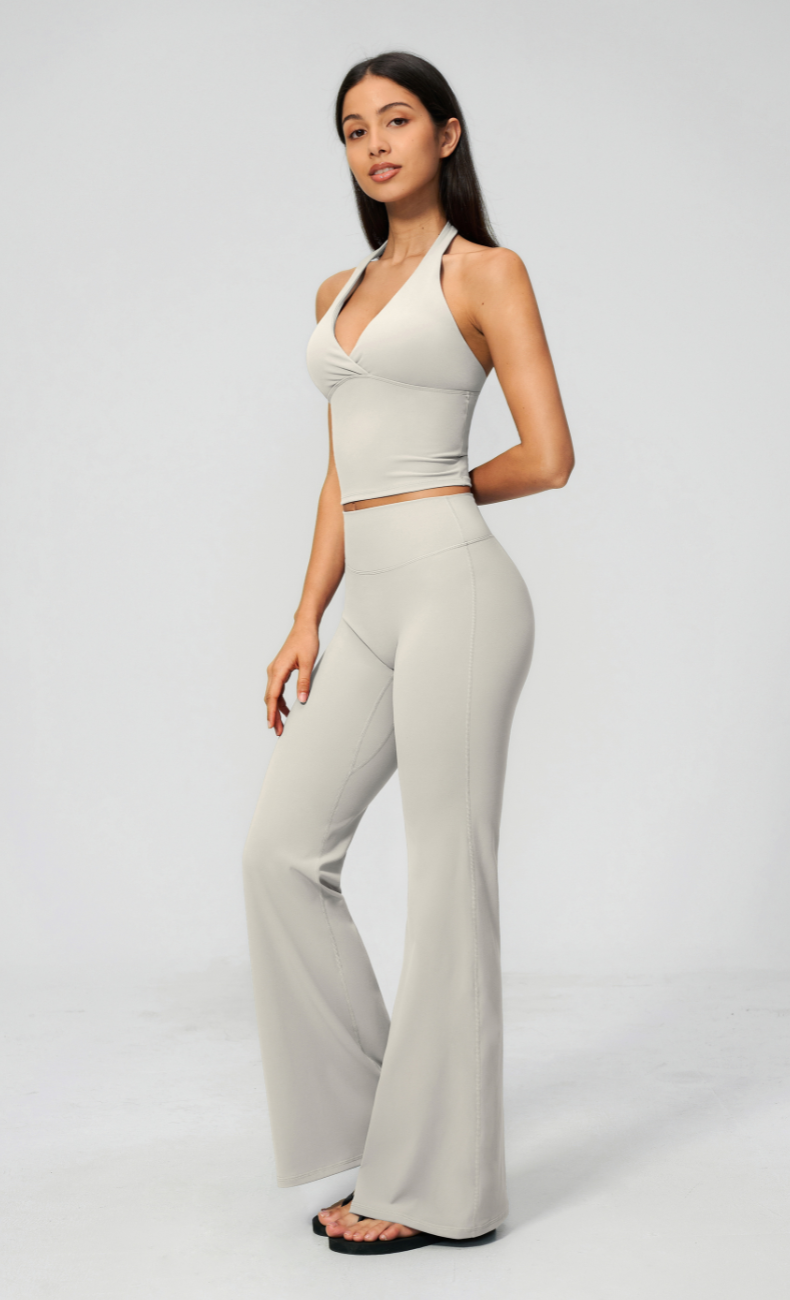 Leah V-Neck Halter Open Back Flare Leggings Workout Set