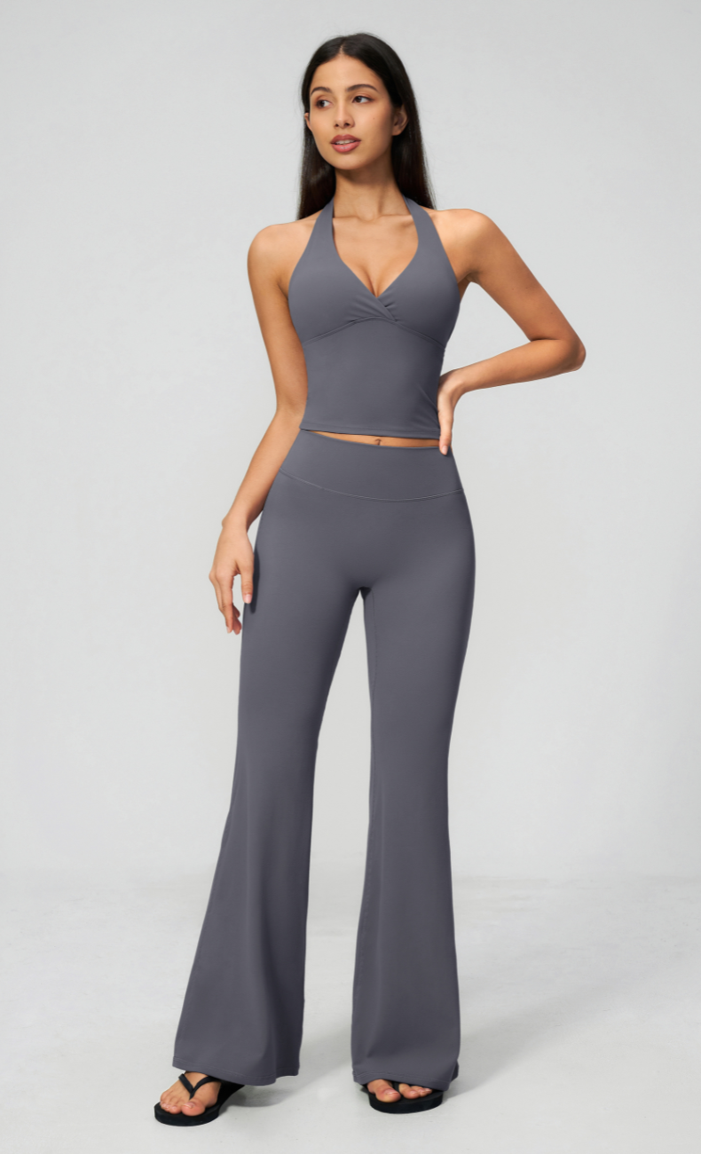 Leah V-Neck Halter Open Back Flare Leggings Workout Set