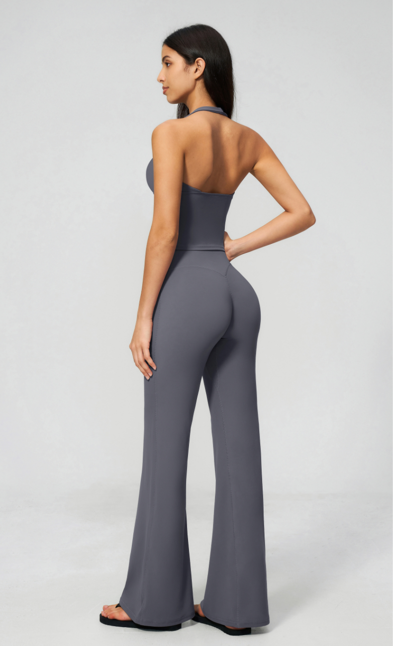 Leah V-Neck Halter Open Back Flare Leggings Workout Set