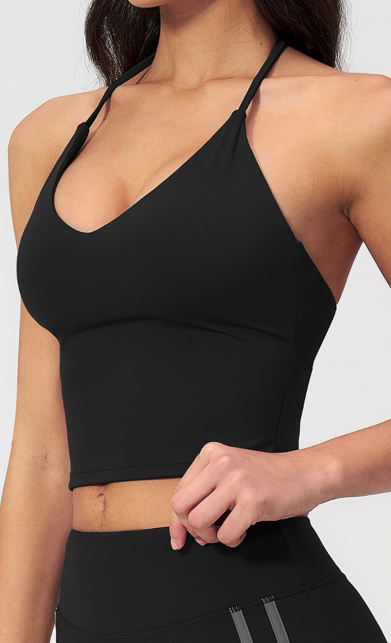 Camille V-Neck Halter Open Back Built-In Bra Tank Top