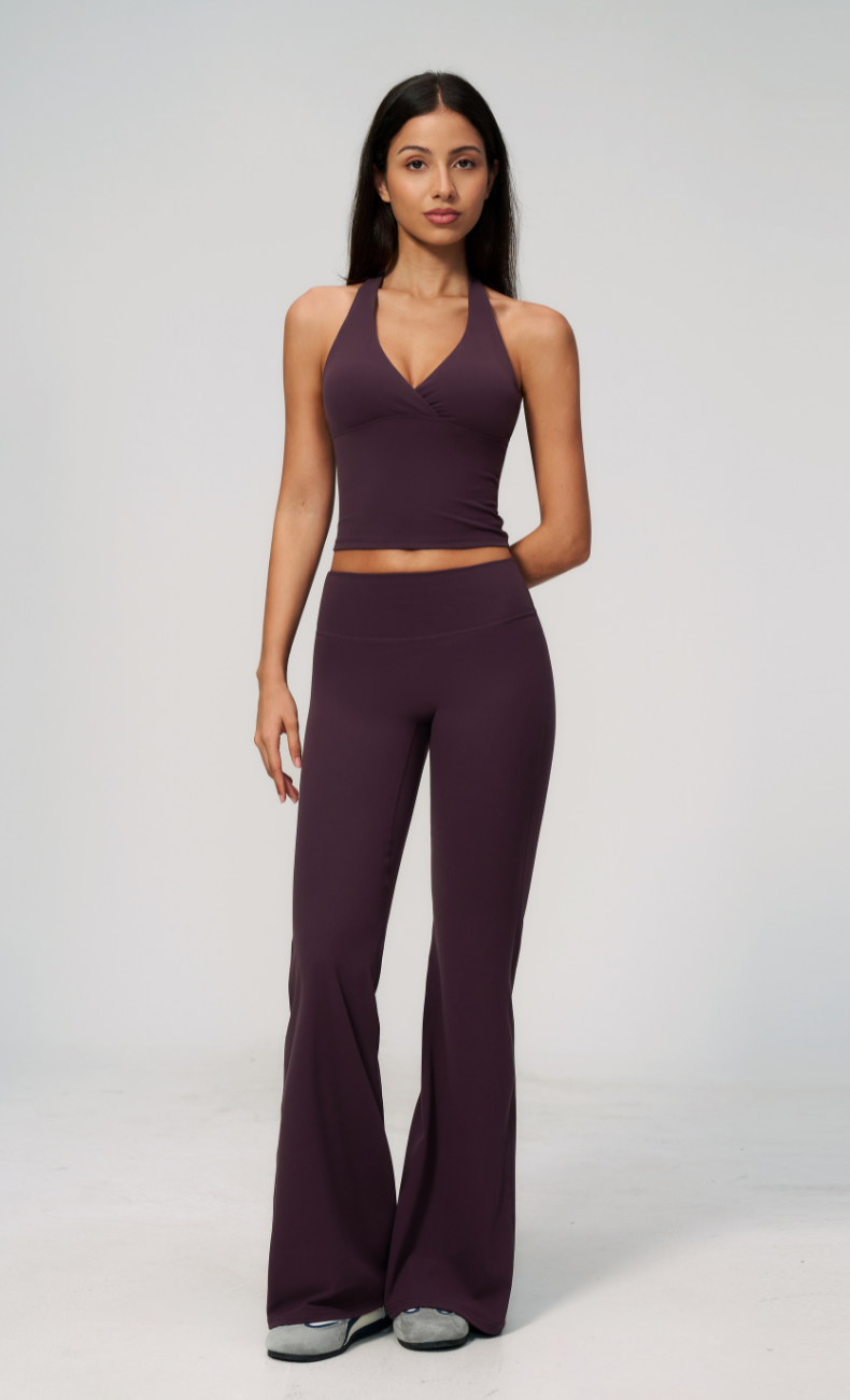 Leah V-Neck Halter Open Back Flare Leggings Workout Set