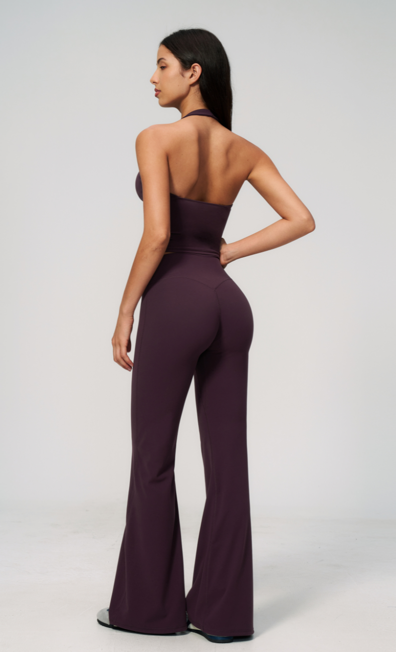 Leah V-Neck Halter Open Back Flare Leggings Workout Set