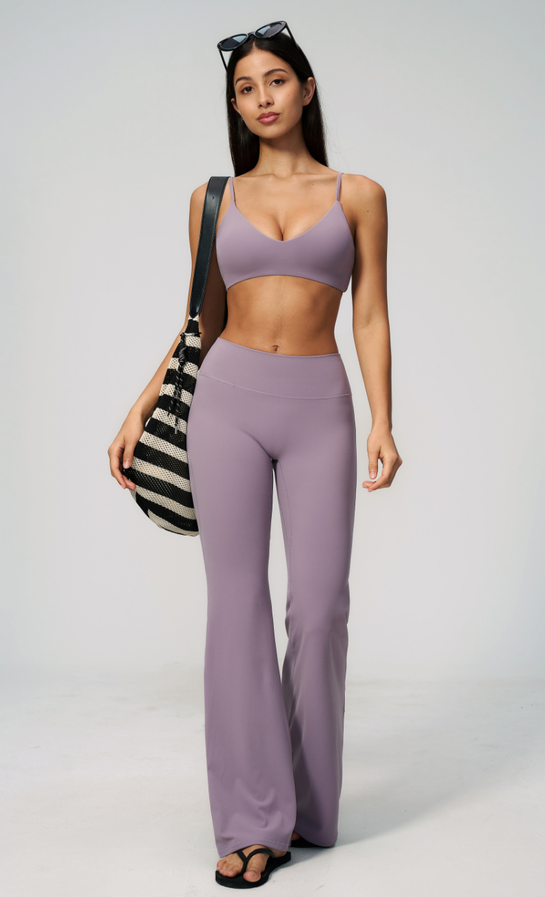 Leah V-Neck Sports Bra High Waisted Flare Leggings Workout Set