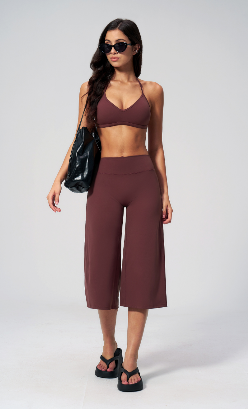 Quinn V-Neck Open Back Halter Wide Leg Capri Workout Set