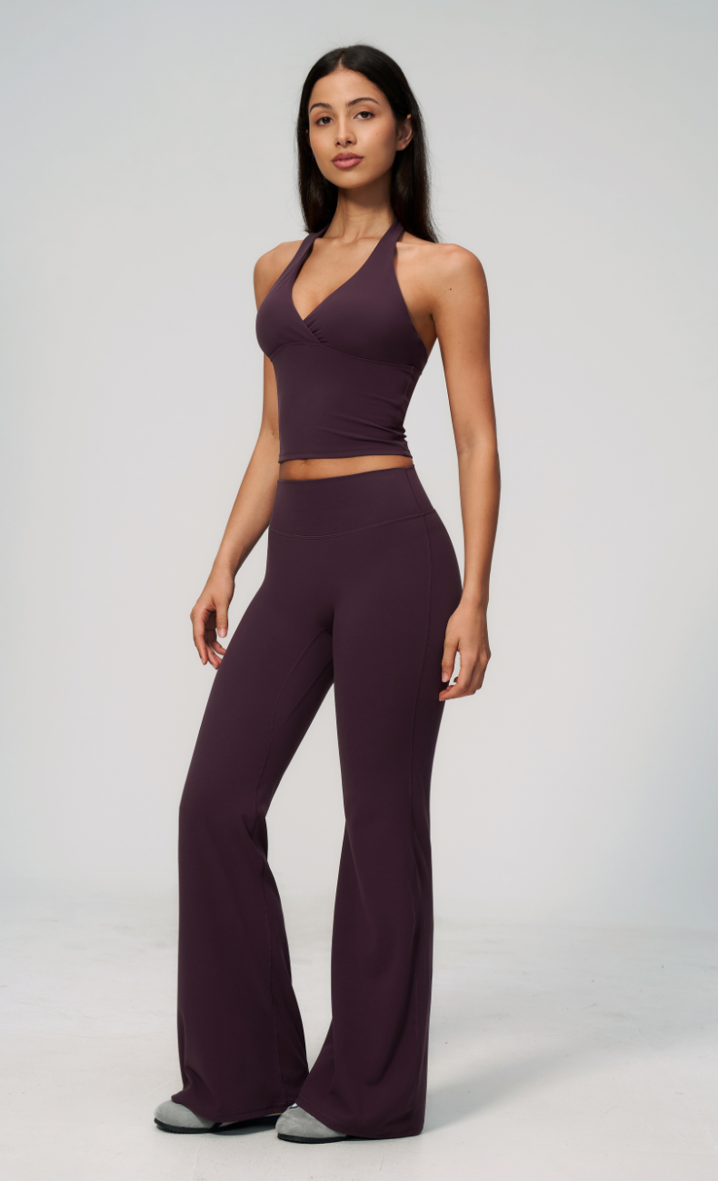 Leah V-Neck Halter Open Back Flare Leggings Workout Set