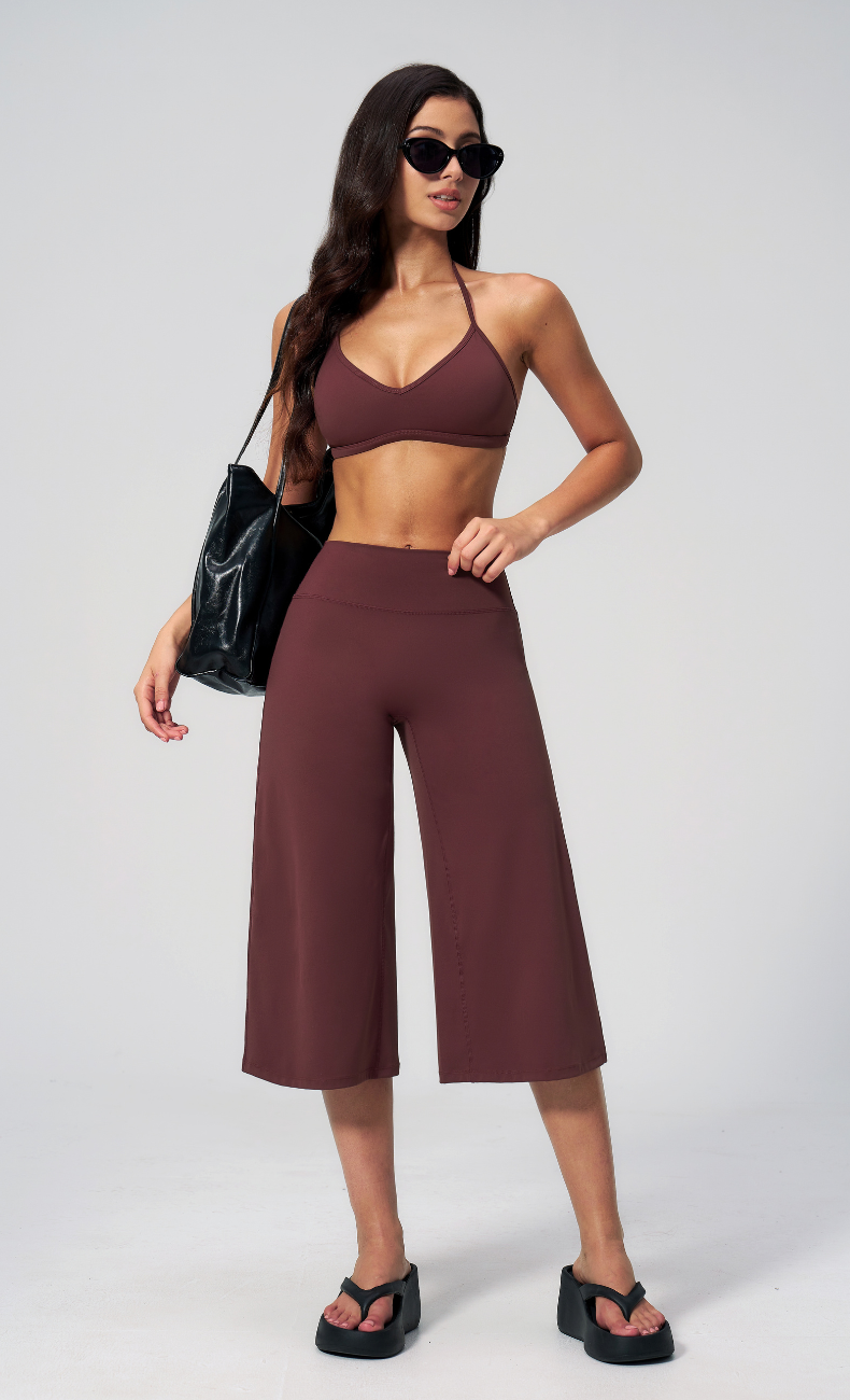 Quinn V-Neck Open Back Halter Wide Leg Capri Workout Set