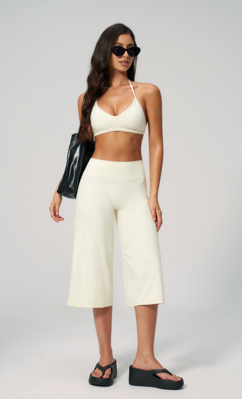 Quinn V-Neck Open Back Halter Wide Leg Capri Workout Set