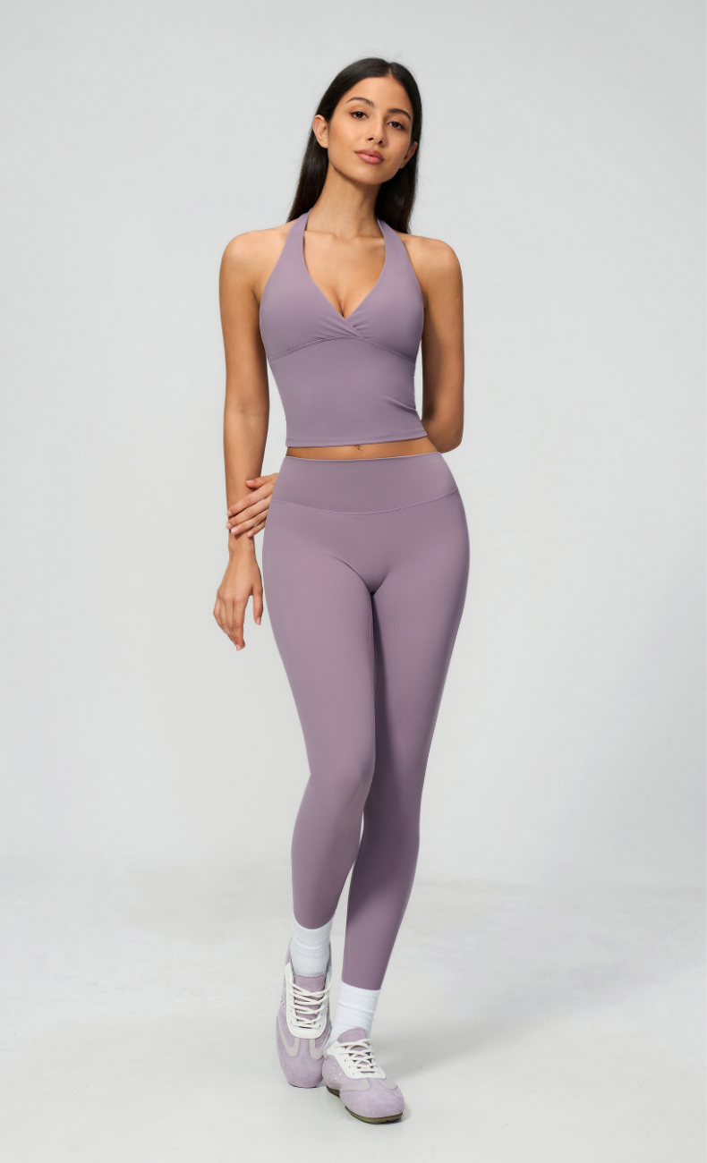 Leah V-Neck Halter Open Back Leggings Workout Set