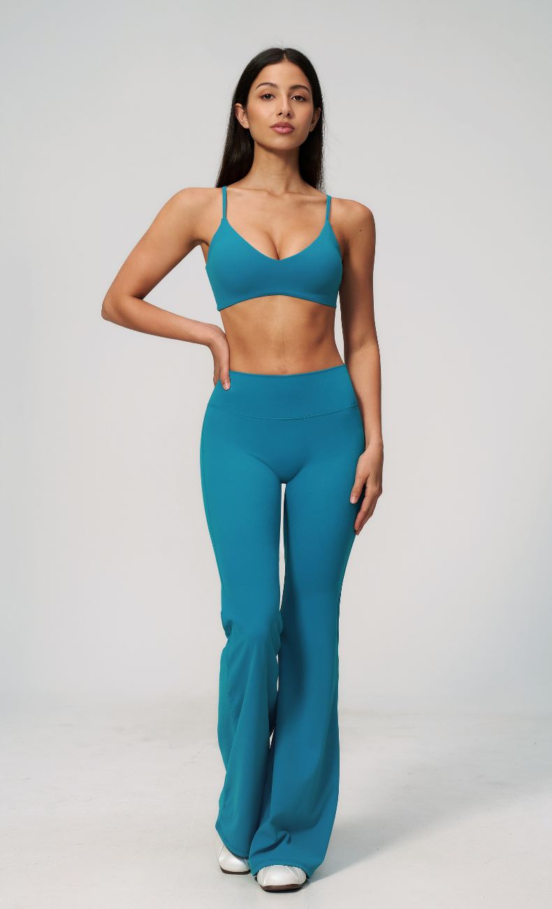 Leah V-Neck Sports Bra High Waisted Flare Leggings Workout Set
