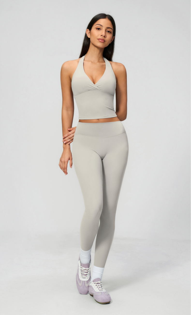 Leah V-Neck Halter Open Back Leggings Workout Set