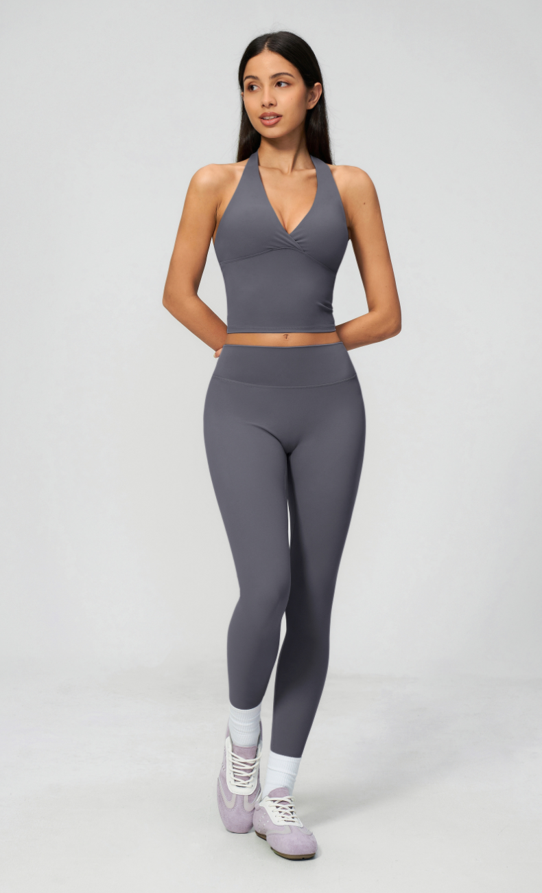 Leah V-Neck Halter Open Back Leggings Workout Set