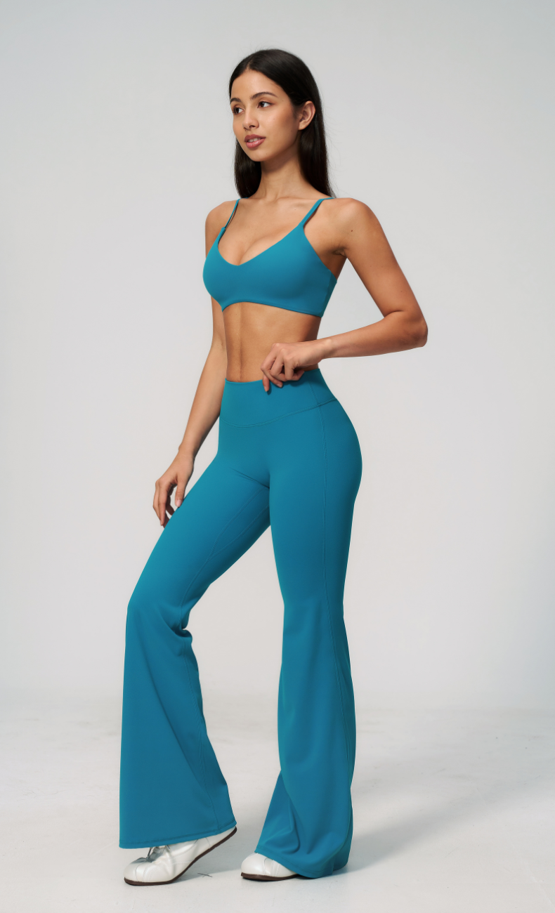 Leah V-Neck Sports Bra High Waisted Flare Leggings Workout Set