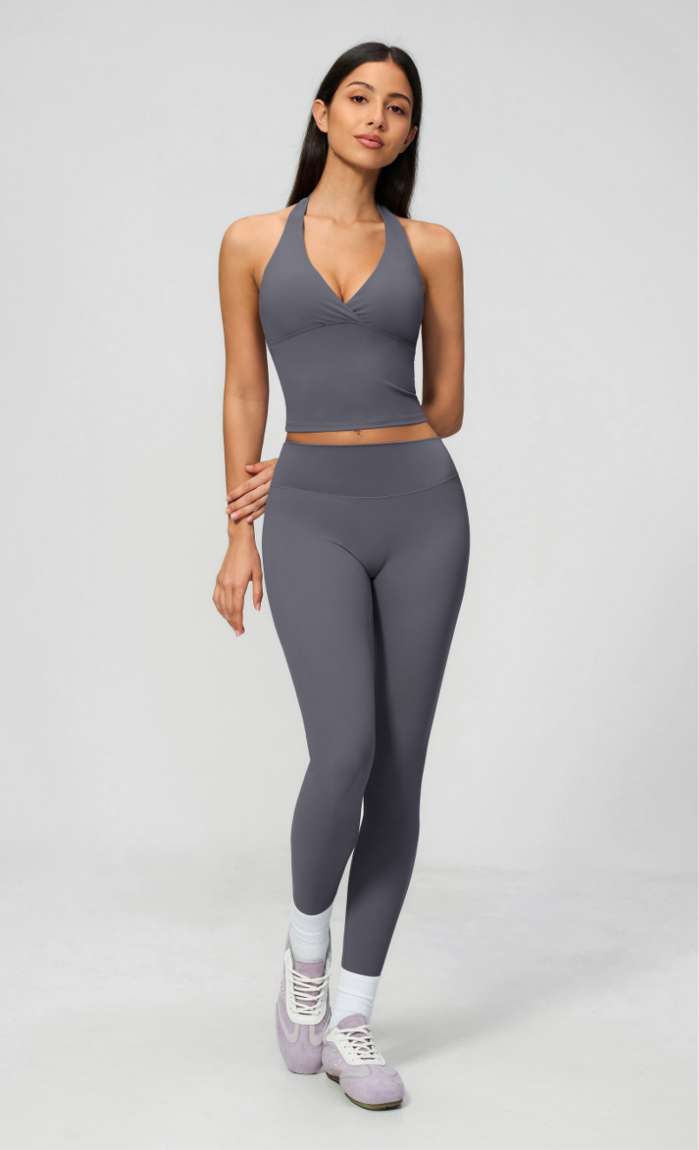 Leah V-Neck Halter Open Back Leggings Workout Set