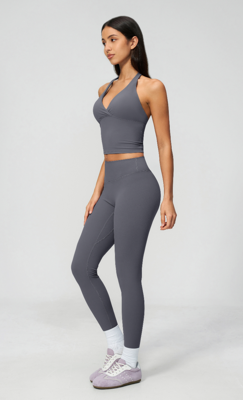 Leah V-Neck Halter Open Back Leggings Workout Set