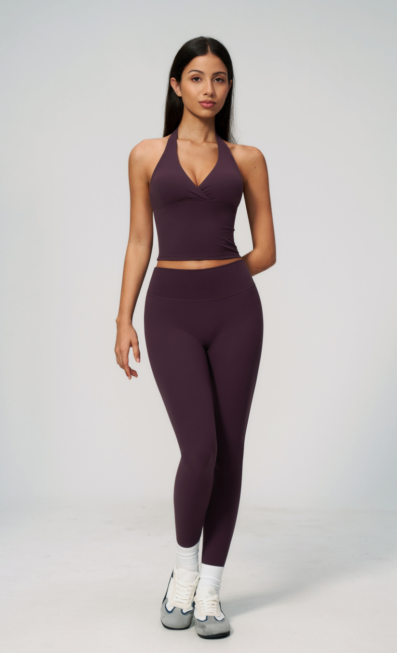 Leah V-Neck Halter Open Back Leggings Workout Set