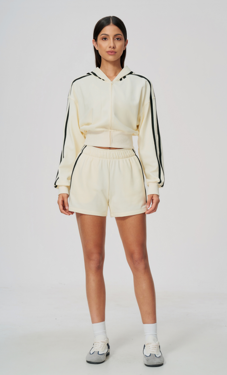 Veronica Cotton Side Stripe Cropped Zip-Up Hoodie