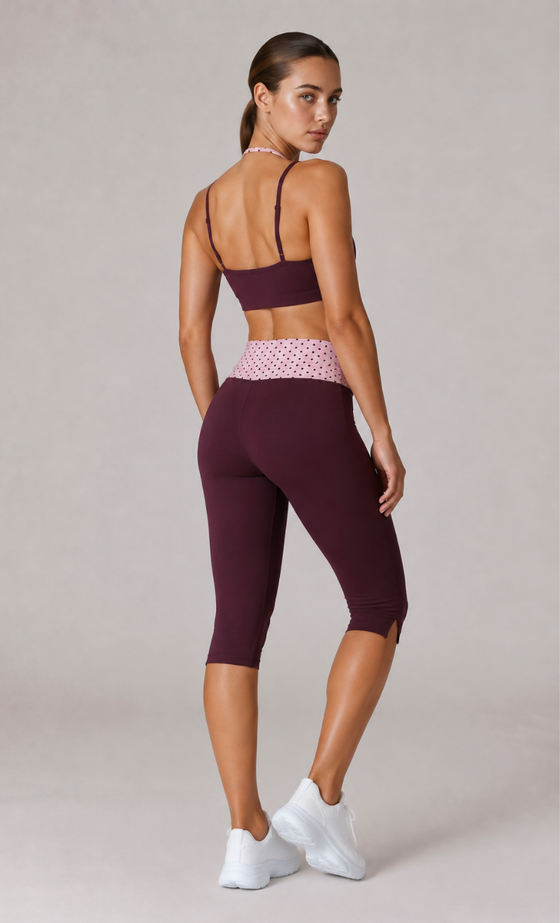 Lila Polka Dot Layered Sports Bra Capri Workout Set