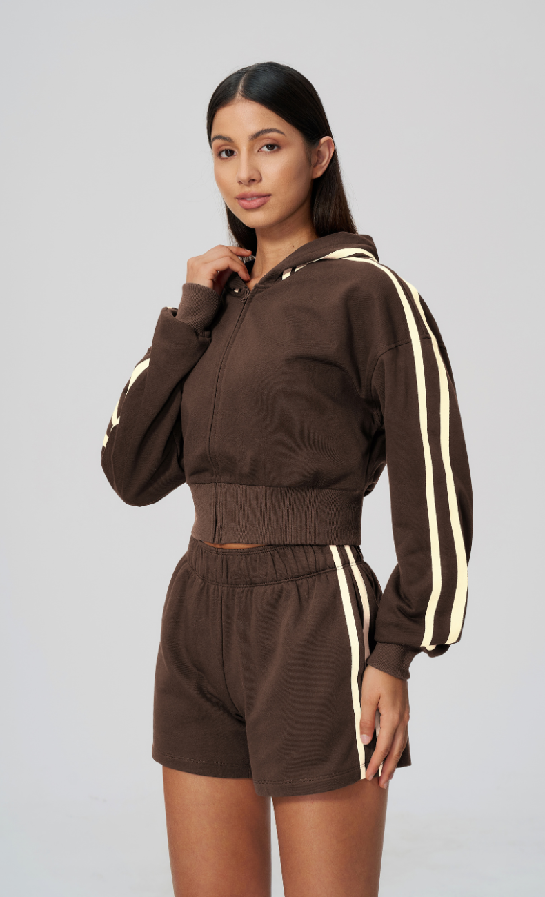 Veronica Cotton Side Stripe Cropped Zip-Up Hoodie