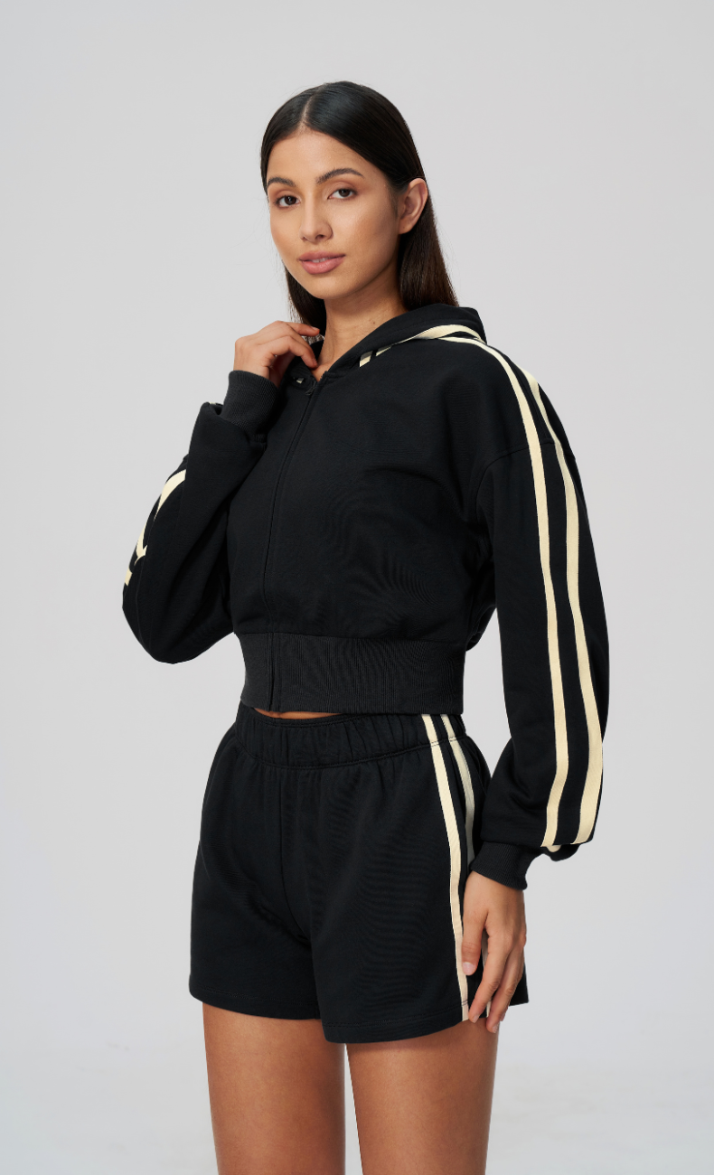 Veronica Cotton Side Stripe Cropped Zip-Up Hoodie