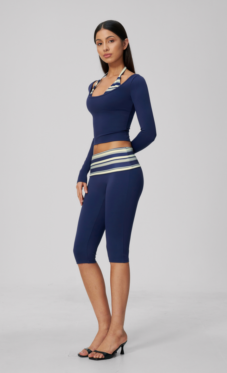 Harper Riviera Stripe Long Sleeve Capri Workout Set
