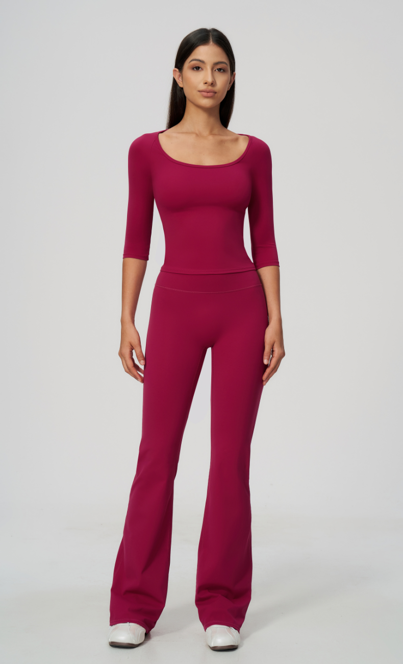 Dolce Scoop Neck 3/4 Sleeve Flare Leggings Workout Set