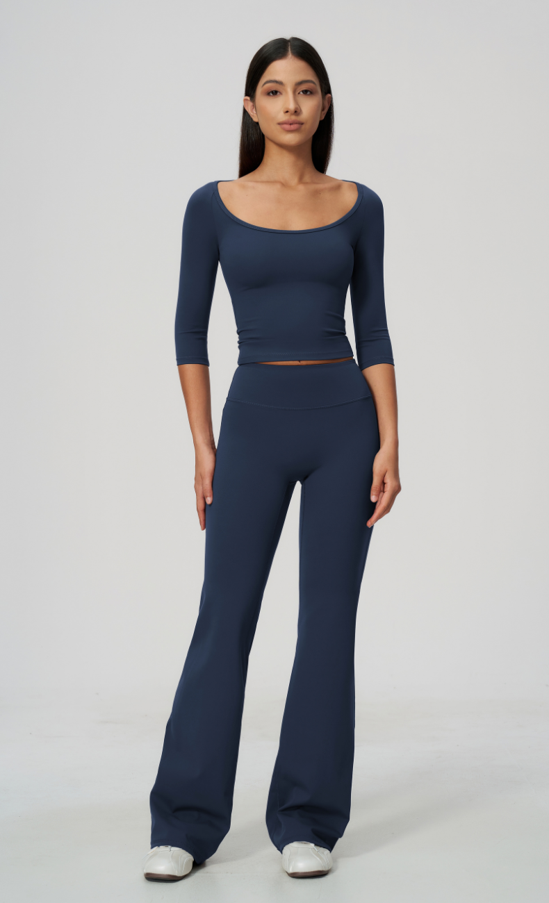 Dolce Scoop Neck 3/4 Sleeve Flare Leggings Workout Set