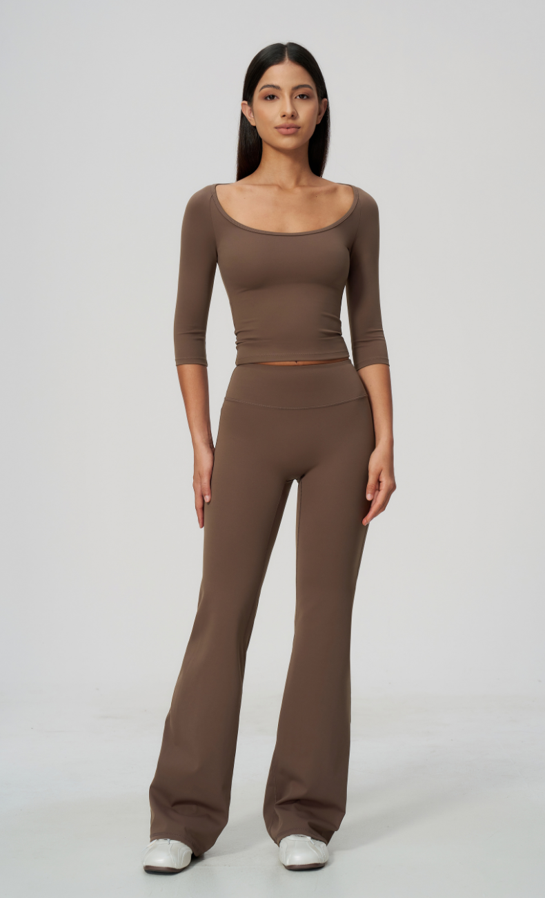 Dolce Scoop Neck 3/4 Sleeve Flare Leggings Workout Set