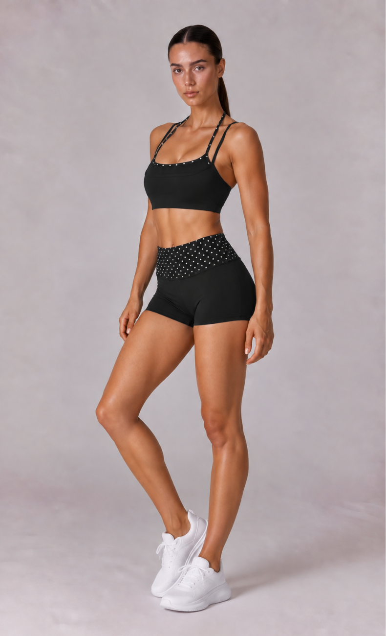Lila Polka Dot Layered Sports Bra Shorts Workout Set